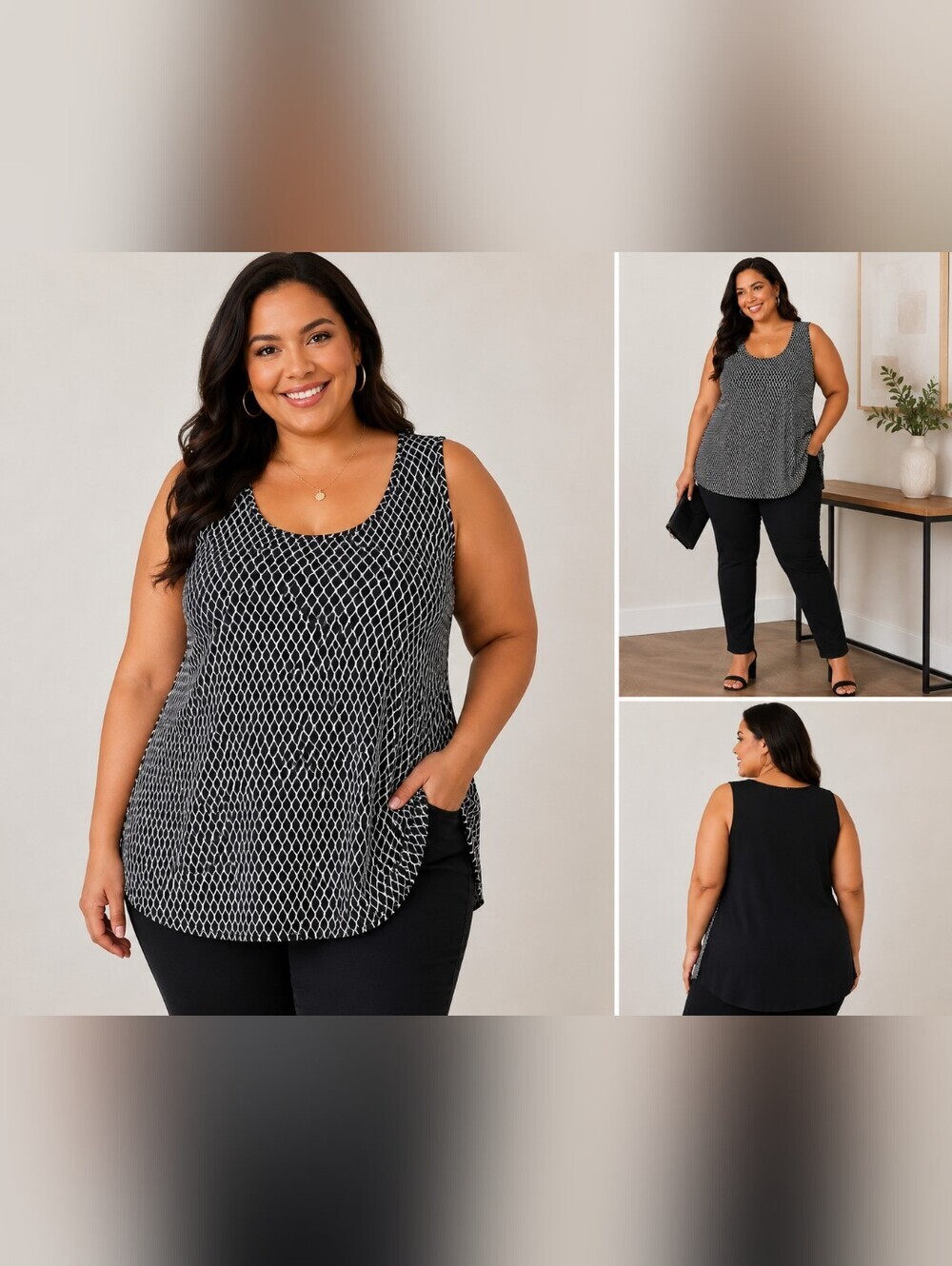 GNW Women's Plus 2X Sleeveless Tunic Tank Top Black White Geometric Print NWT